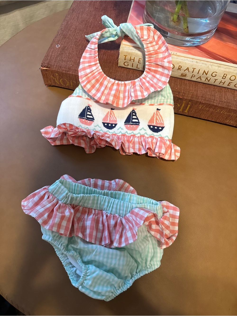 Baby Sailboat Ruffle Bib & Bloomers Set - Pink & Mint